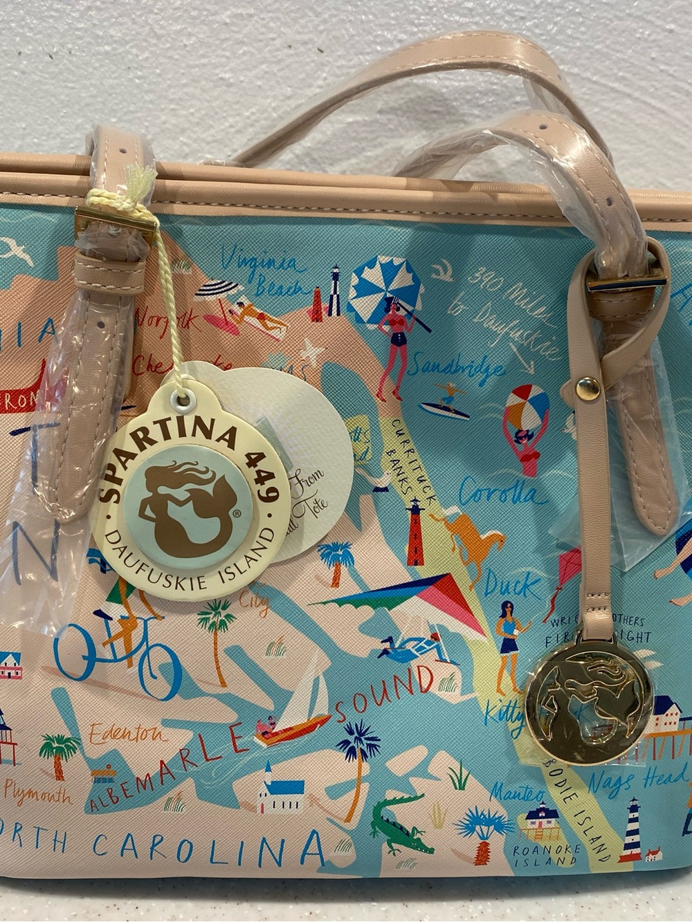 Spartina 449 Coastal North Carolina Map Tote in Teal and Beige